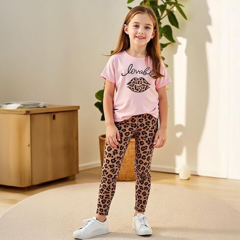 Girls' 2-Piece Short Sleeve Tee & Stretch Athletic Leggings Cute Printed Outfit Set for Toddler & Little Girls 3-9 Y in Saudi Arabia