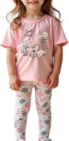 Girls' 2-Piece Short Sleeve Tee & Stretch Athletic Leggings Cute Printed Outfit Set for Toddler & Little Girls 3-9 Y in Saudi Arabia