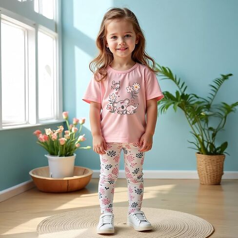 Girls' 2-Piece Short Sleeve Tee & Stretch Athletic Leggings Cute Printed Outfit Set for Toddler & Little Girls 3-9 Y in Saudi Arabia