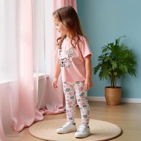 Girls' 2-Piece Short Sleeve Tee & Stretch Athletic Leggings Cute Printed Outfit Set for Toddler & Little Girls 3-9 Y in Saudi Arabia
