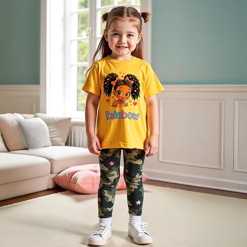 Girls' 2-Piece Short Sleeve Tee & Stretch Athletic Leggings Cute Printed Outfit Set for Toddler & Little Girls 3-9 Y in Saudi Arabia