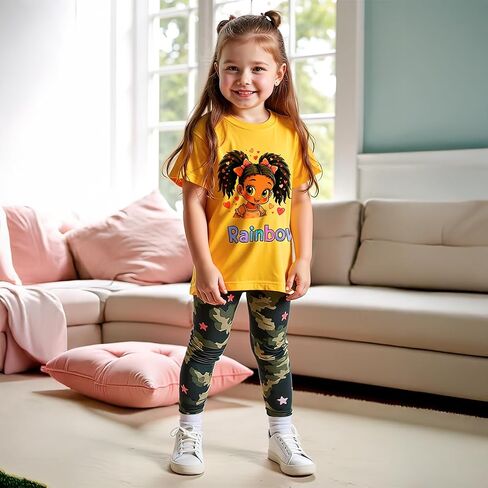 Girls' 2-Piece Short Sleeve Tee & Stretch Athletic Leggings Cute Printed Outfit Set for Toddler & Little Girls 3-9 Y in Saudi Arabia