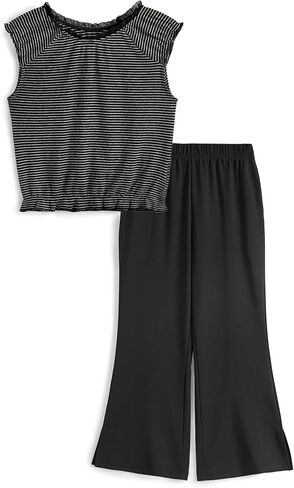 2 Piece Girls Outfits Tie Knot Tops Wide Leg Pants Sets Cap Sleeve Clothes Kids 2025 Summer Cute Suit in Saudi Arabia