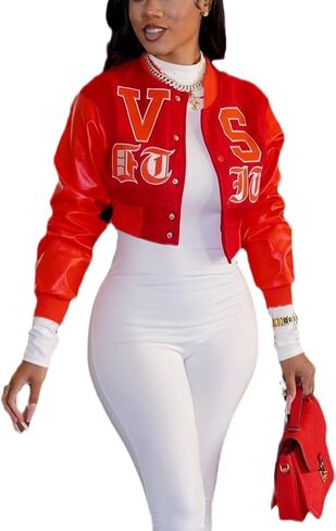 THLAI Women Varsity Jacket Button Down Cropped Faux Leather Jacket Letter Embroidery Jacket Short Baseball Outwear in Kuwait