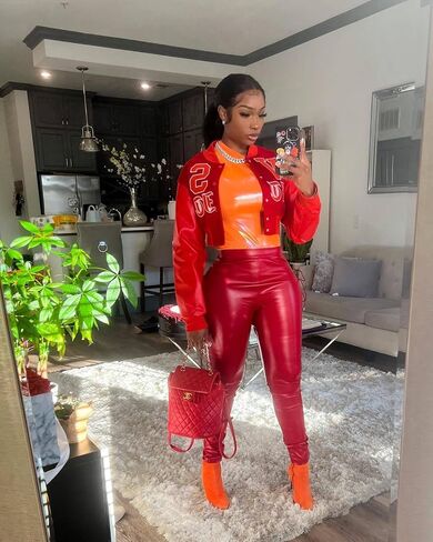 THLAI Women Varsity Jacket Button Down Cropped Faux Leather Jacket Letter Embroidery Jacket Short Baseball Outwear in Kuwait