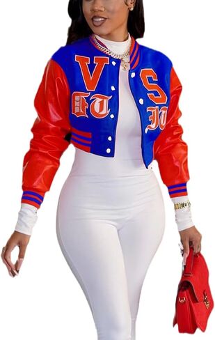 THLAI Women Varsity Jacket Button Down Cropped Faux Leather Jacket Letter Embroidery Jacket Short Baseball Outwear in Kuwait
