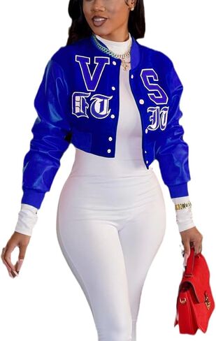 THLAI Women Varsity Jacket Button Down Cropped Faux Leather Jacket Letter Embroidery Jacket Short Baseball Outwear in Kuwait