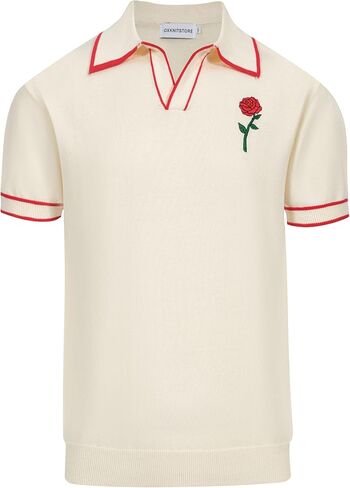 OXKNIT Men's Knit Vintage Polo Shirts Short-Sleeve Casual V Neck Shirt with Embroidered Rose for Sport Work in Saudi Arabia