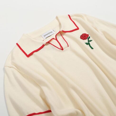 OXKNIT Men's Knit Vintage Polo Shirts Short-Sleeve Casual V Neck Shirt with Embroidered Rose for Sport Work in Saudi Arabia