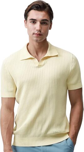 Pure BCI Cotton Short Sleeve Polo Shirts for Men Johnny Collar Sweater High Twist Ribbed Knit Buttonless Top in Saudi Arabia