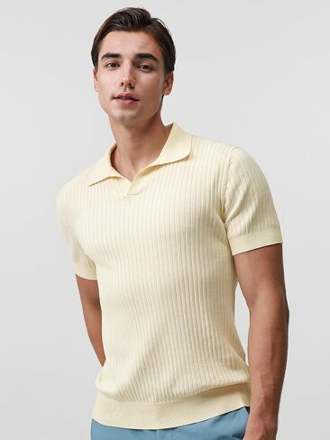 Pure BCI Cotton Short Sleeve Polo Shirts for Men Johnny Collar Sweater High Twist Ribbed Knit Buttonless Top in Saudi Arabia