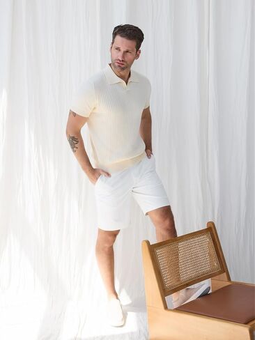 Pure BCI Cotton Short Sleeve Polo Shirts for Men Johnny Collar Sweater High Twist Ribbed Knit Buttonless Top in Saudi Arabia