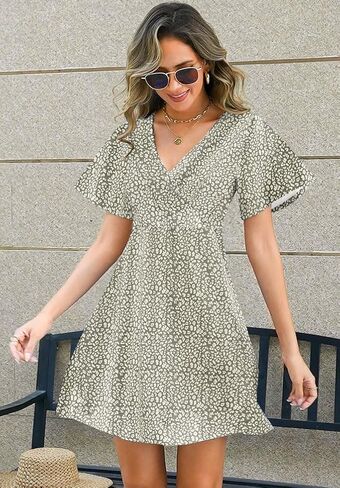 ETCYY NEW Womens Summer Dresses Slant Open V Neck Floral Printed Sundresses Flowy Dress Short Sleeve in Saudi Arabia