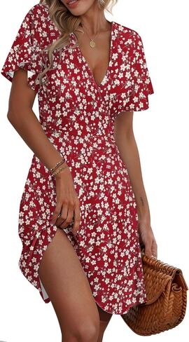ETCYY NEW Womens Summer Dresses Slant Open V Neck Floral Printed Sundresses Flowy Dress Short Sleeve in Saudi Arabia