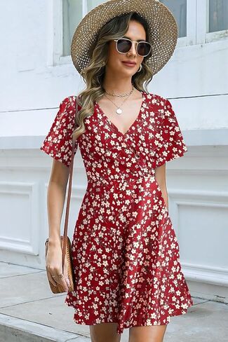 ETCYY NEW Womens Summer Dresses Slant Open V Neck Floral Printed Sundresses Flowy Dress Short Sleeve in Saudi Arabia