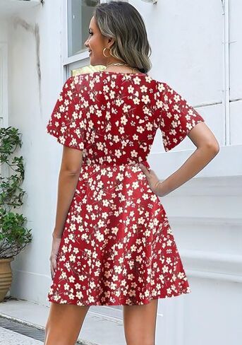 ETCYY NEW Womens Summer Dresses Slant Open V Neck Floral Printed Sundresses Flowy Dress Short Sleeve in Saudi Arabia