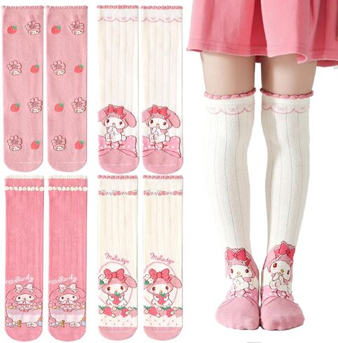 4 Pairs Knee High Socks for Girls & Women, Cute Cartoon Thicken Over Knee Stockings Cotton Long Socks Compression Stocks 15" in Kuwait