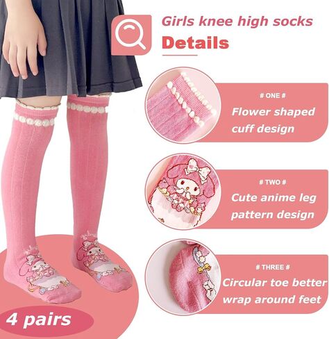4 Pairs Knee High Socks for Girls & Women, Cute Cartoon Thicken Over Knee Stockings Cotton Long Socks Compression Stocks 15" in Kuwait