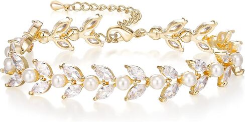 EVER FAITH Gorgeous Cubic Zirconia Wedding Link Bracelet for Bride Bridesmaids, Simulated Pearl Clear Marquise Teardrop Crystal Bridal Jewelry for Women Prom in Saudi Arabia