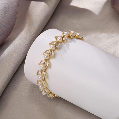 EVER FAITH Gorgeous Cubic Zirconia Wedding Link Bracelet for Bride Bridesmaids, Simulated Pearl Clear Marquise Teardrop Crystal Bridal Jewelry for Women Prom in Saudi Arabia