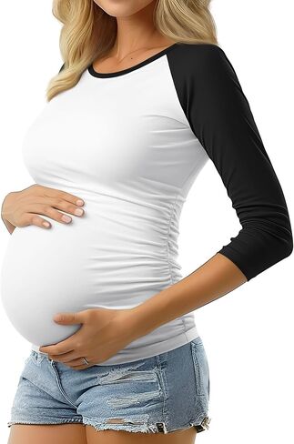 Riyiper Women's Maternity Shirts, 3/4 Raglan Sleeve Cotton Casual Maternity Top Crew Neck Side Ruched Mama Pregnancy Clothes in Saudi Arabia