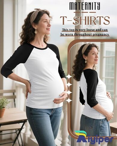 Riyiper Women's Maternity Shirts, 3/4 Raglan Sleeve Cotton Casual Maternity Top Crew Neck Side Ruched Mama Pregnancy Clothes in Saudi Arabia