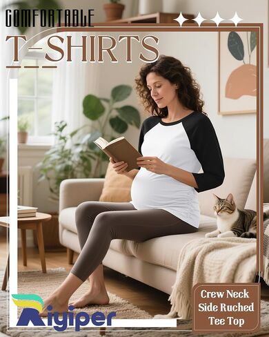 Riyiper Women's Maternity Shirts, 3/4 Raglan Sleeve Cotton Casual Maternity Top Crew Neck Side Ruched Mama Pregnancy Clothes in Saudi Arabia
