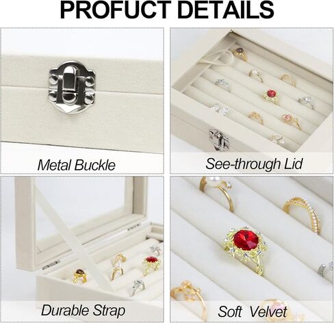 صندوق منظم المجوهرات المخملية ، صواني درج المجوهرات ، علبة عرض حامل قلادة قلادة (بيج ، حلقة+6 صواني الشبكة) in Kuwait