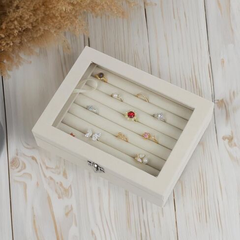 صندوق منظم المجوهرات المخملية ، صواني درج المجوهرات ، علبة عرض حامل قلادة قلادة (بيج ، حلقة+6 صواني الشبكة) in Kuwait