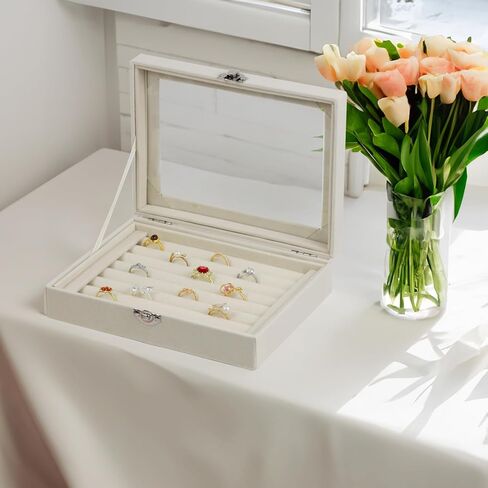 صندوق منظم المجوهرات المخملية ، صواني درج المجوهرات ، علبة عرض حامل قلادة قلادة (بيج ، حلقة+6 صواني الشبكة) in Kuwait
