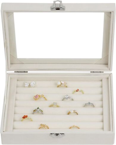 صندوق منظم المجوهرات المخملية ، صواني درج المجوهرات ، علبة عرض حامل قلادة قلادة (بيج ، حلقة+6 صواني الشبكة) in Kuwait