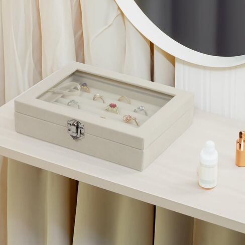 صندوق منظم المجوهرات المخملية ، صواني درج المجوهرات ، علبة عرض حامل قلادة قلادة (بيج ، حلقة+6 صواني الشبكة) in Kuwait