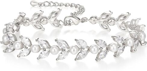 EVER FAITH Gorgeous Cubic Zirconia Wedding Link Bracelet for Bride Bridesmaids, Simulated Pearl Clear Marquise Teardrop Crystal Bridal Jewelry for Women Prom in Saudi Arabia