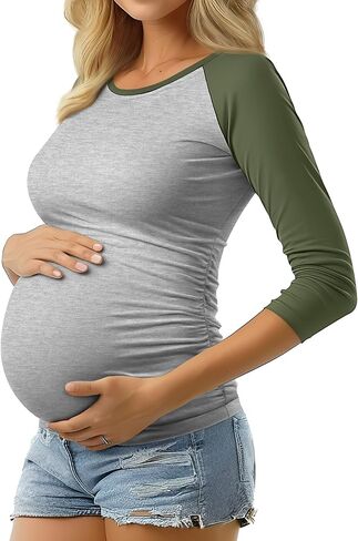Riyiper Women's Maternity Shirts, 3/4 Raglan Sleeve Cotton Casual Maternity Top Crew Neck Side Ruched Mama Pregnancy Clothes in Saudi Arabia