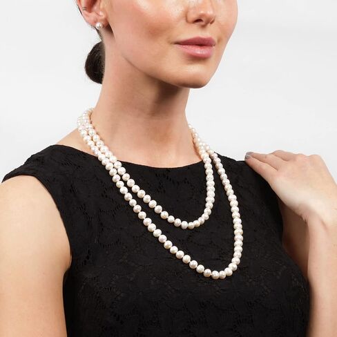 Women's Long Beaded Pearl Necklace - Natural Freshwater 8-9mm Pearls in White, Black, Pink, Grey and Multicolor - 48 Inches in Kuwait