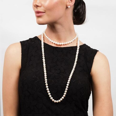 Women's Long Beaded Pearl Necklace - Natural Freshwater 8-9mm Pearls in White, Black, Pink, Grey and Multicolor - 48 Inches in Kuwait