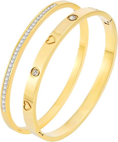 Gold Bangle Bracelets for Women - 2PCS 18 K Gold Plated Stainless Steel Love Bangle Friendship Stack Bracelet Bangle for Her. in Saudi Arabia