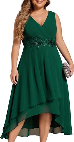 Ever-Pretty Plus Women's V Neck Applique Chiffon Pleated Sleeveless Midi Plus Size Cocktail Party Dresses in Kuwait