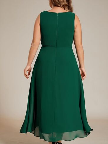 Ever-Pretty Plus Women's V Neck Applique Chiffon Pleated Sleeveless Midi Plus Size Cocktail Party Dresses in Kuwait