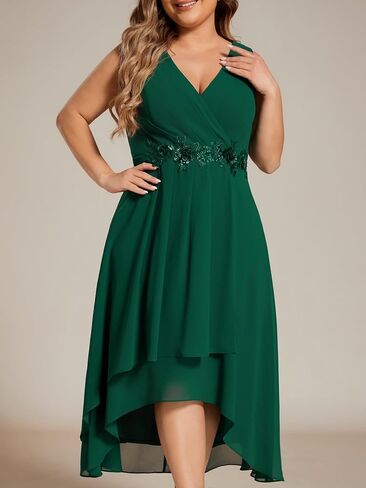 Ever-Pretty Plus Women's V Neck Applique Chiffon Pleated Sleeveless Midi Plus Size Cocktail Party Dresses in Kuwait
