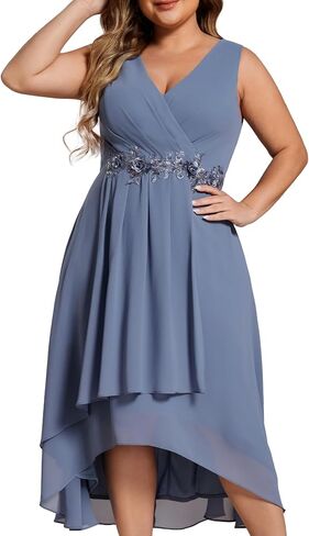 Ever-Pretty Plus Women's V Neck Applique Chiffon Pleated Sleeveless Midi Plus Size Cocktail Party Dresses in Kuwait