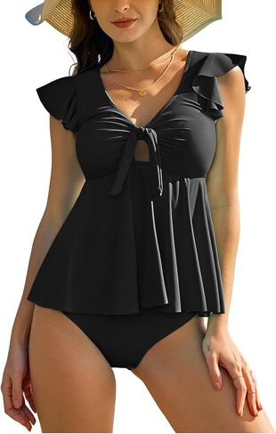 ZAFUL Womens Tummy Control Swimsuit V Neck Ruffle High Waisted Tankini 2 Piece Bathing Suit Front Knotted Swimwear in Kuwait