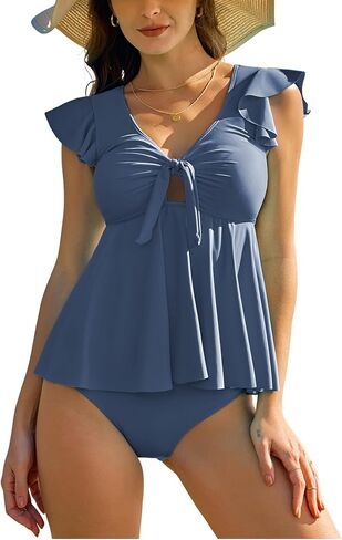 ZAFUL Womens Tummy Control Swimsuit V Neck Ruffle High Waisted Tankini 2 Piece Bathing Suit Front Knotted Swimwear in Kuwait