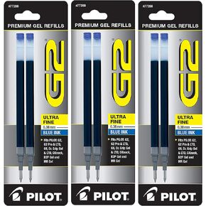 Pilot G2 Gel Ink Pen Refills, Ultra Fine Point, 0.38mm, Blue Ink, 6 Refills