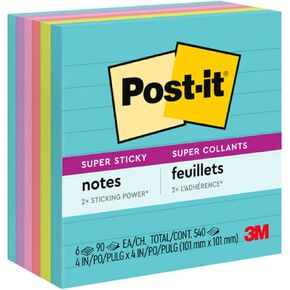 Post-it Super Sticky Lined Notes, 6 Sticky Note Pads, 4 x 4 in., School Supplies, Office Products, Sticky Notes for Vertical Surfaces, Monitors, Walls and Windows, Supernova Neons Collection