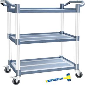 AQNIEGEP Utility Carts with Wheels, Rolling Cart, Kitchen Cart,Food Service Cart, Heavy Duty 510lbs Capacity 3-Tier Restaurant Cart w/Hammer Lockable Wheels Grey