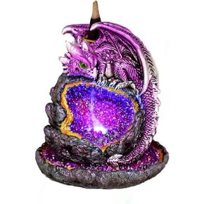 Purple Baby Dragon Backflow Cone Incense Burner Protecting Light Up Geode 6" H