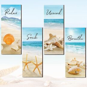 4 Pieces Beach Bathroom Decor Ocean Beach Wall Decors Relax Soak Unwind Breathe Blue Wall Art Hanging Sign Seashell Starfish Wooden Sign for Bathroom Living Room Laundry Spa Washroom(beach, 10x4 Inch)