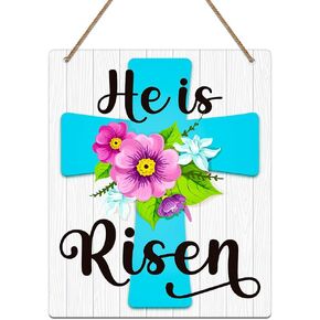 He is Risen Door Sign,Easter Cross Religious Decorations Easter Door Hanging Sign for Wall Door Home Spring Decor 11.7x9.8x0.2inch Multicolor