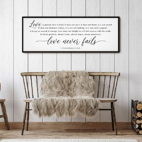 GraceView Love Never Fails Sign wall decor - 42"X15" 1 Corinthians 13 Wall Art with Easy Setup - Premium Quality (Black)